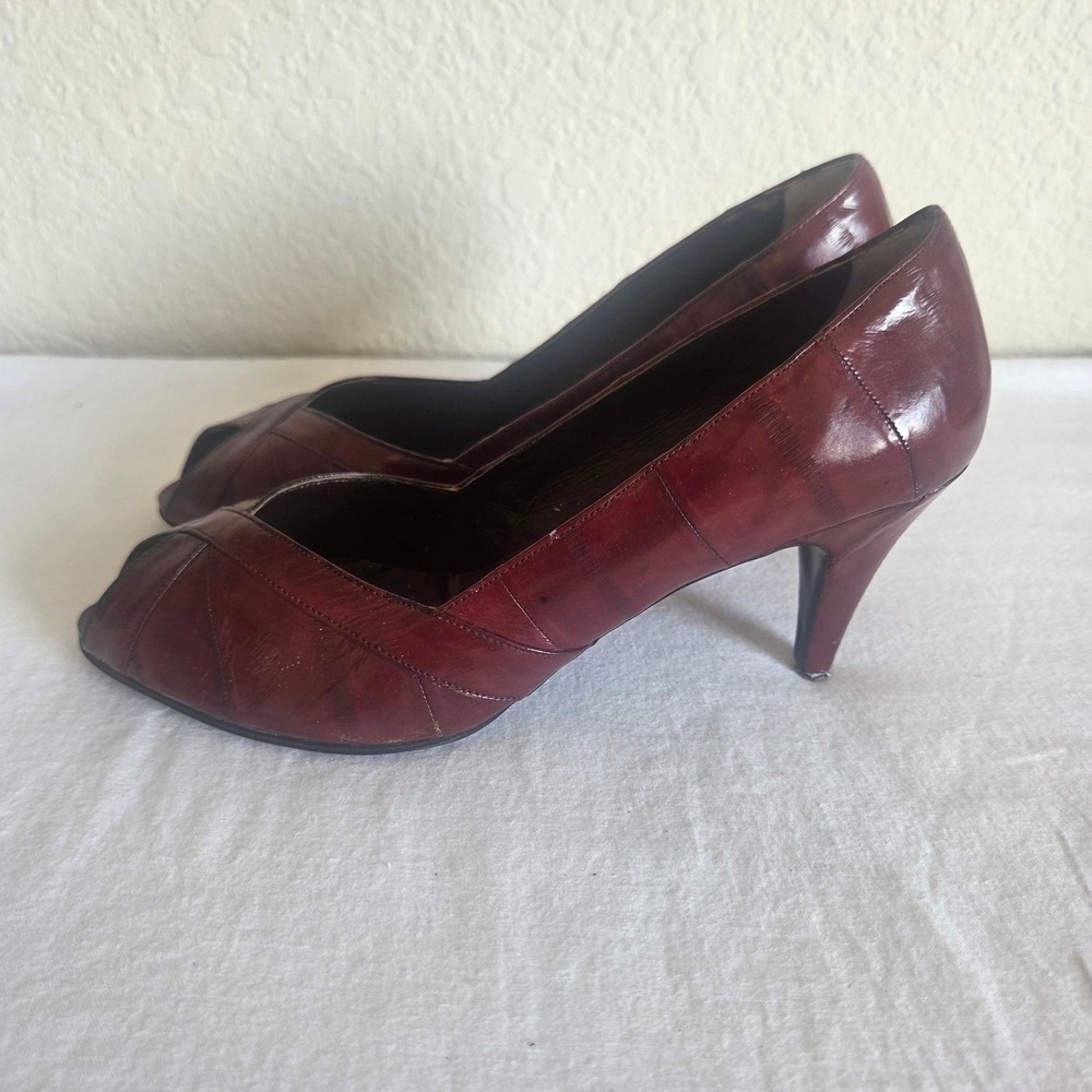 Leather of the Sea Eel Skin Peep Toe Pumps Burgundy Wine Heels Womens 6.5 Hawaii